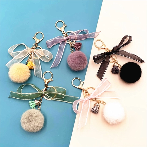 Schattige Kunstbont Pompom Sleutelhanger Met Organza Strik En Kwastje Voor Tas Auto Sleutelring Zacht Accessoire