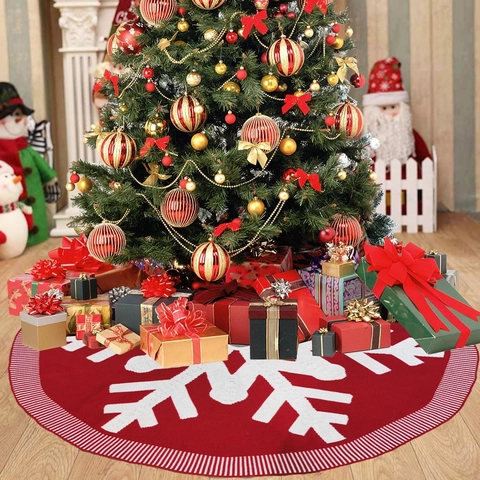 Knitted Christmas Tree Skirt Large Snowflake Pattern Wine Red White Striped Trim Holiday Festive Tree Decoration