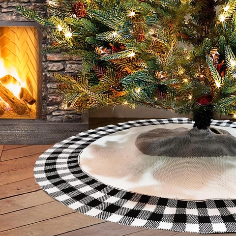 Knitted Christmas Tree Skirt Buffalo Plaid Pattern Round Acrylic Holiday Party Home Decor Rustic Farmhouse Tree Mat