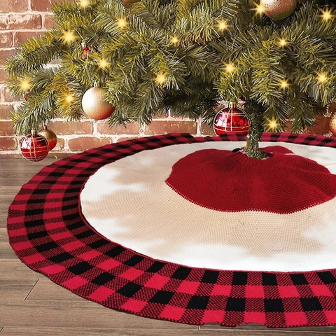 Knitted Christmas Tree Skirt Buffalo Plaid Pattern Round Acrylic Holiday Party Home Decor Rustic Farmhouse Tree Mat