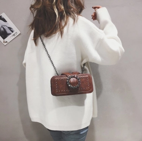 Vintage Women Crossbody Bag PU Leather Fashion Rivet Rhinestone Buckle Metal Chain Strap Small Square Bag