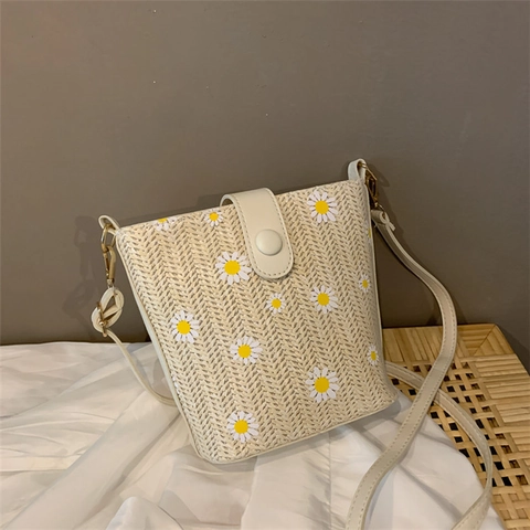 Stroh Eimer Tasche Gänseblümchen Print PU Leder Besatz Crossbody Umhängetasche Sommer Strand Lässiger Stil Für Frauen