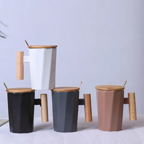 Nordic Ceramic Mug With Wooden Handle Wood Lid And Spoon Geometric Matte Coffee Cup Minimalist Home Office Gift