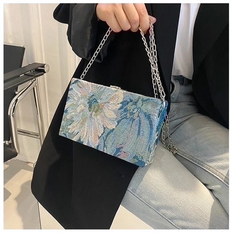 Blumen Jacquard Box Tasche Vintage Blume Hartschale Abend Clutch Mit Metallkette Schulter Umhängetasche Für Damen