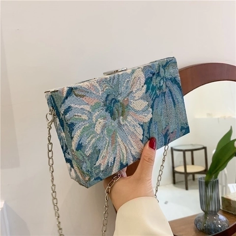 Blumen Jacquard Box Tasche Vintage Blume Hartschale Abend Clutch Mit Metallkette Schulter Umhängetasche Für Damen