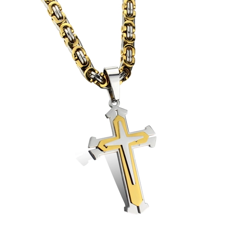 Collier Pendentif Croix Homme Bicolore Or Argent Acier Inoxydable Style Hip Hop Punk Chaîne Byzantine Bijoux Accessoire