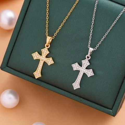 Cross Pendant Necklace Stainless Steel Zirconia Inlaid Religious Jesus Virgin Mary Fashion Jewelry For Women Men