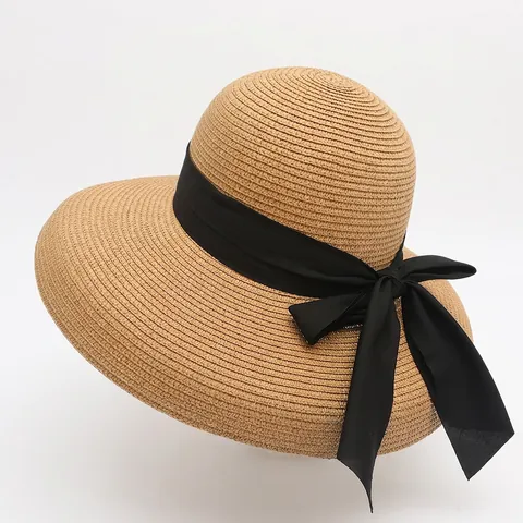 Women Wide Brim Straw Hat Paper Sun Protection Foldable Summer Beach Ribbon Bow Elegant Breathable