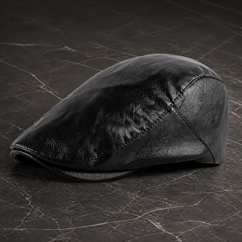 PU Leather Ivy Cap Vintage Solid Color Flat Newsboy Hat For Men Women Adjustable Gatsby Beret