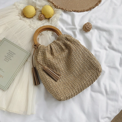 Sac À Main Tissé En Paille Avec Poignée Ronde En Bois Et Gland Sac Seau De Plage D'été Pour Femmes Style Décontracté