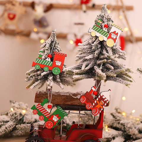 Adornos Colgantes De Tren De Madera De Navidad Pintado Dibujos Animados Papá Noel Muñeco De Nieve Reno