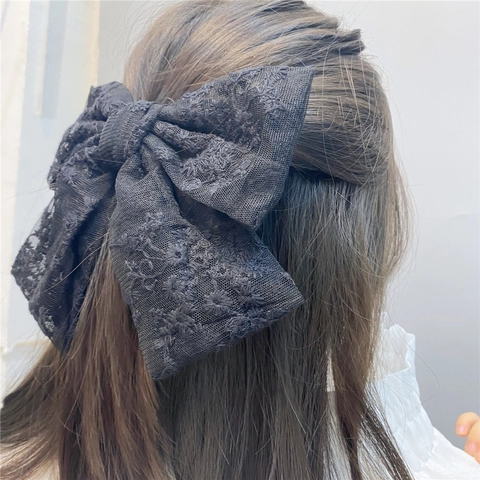 Große Spitze Schleife Haarklammer Lagenweise Netz Blumenstickerei Feder Barrette Elegantes Styling Für Frauen