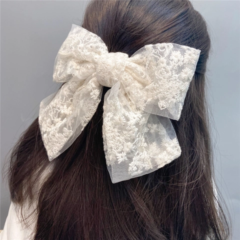 Große Spitze Schleife Haarklammer Lagenweise Netz Blumenstickerei Feder Barrette Elegantes Styling Für Frauen