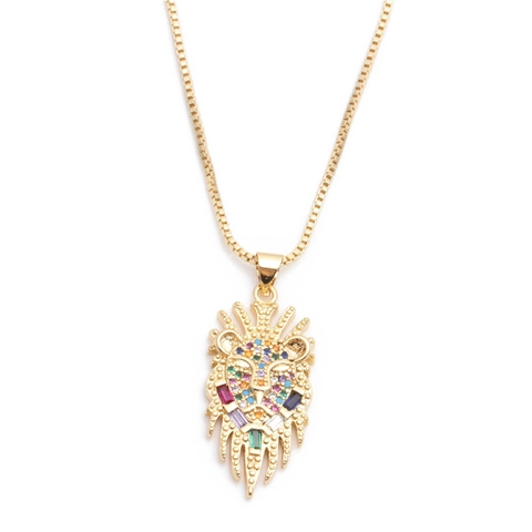 Collana Con Pendente Testa Di Leone Hip Hop Micro Intarsiato Zircone Colorato Rame Placcato Oro Catena A Scatola