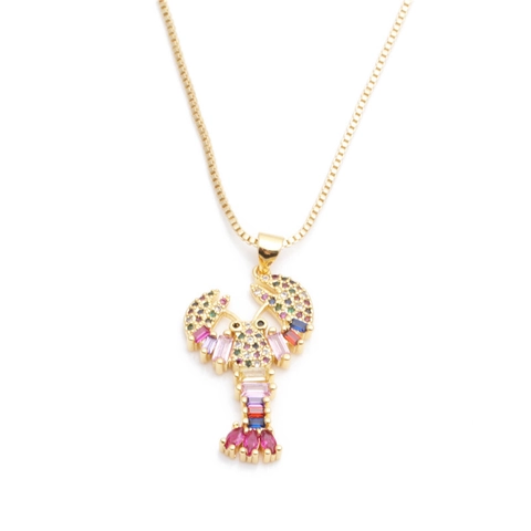 Lobster Pendant Necklace Copper With Colorful Cubic Zirconia Trendy Animal Jewelry For Women