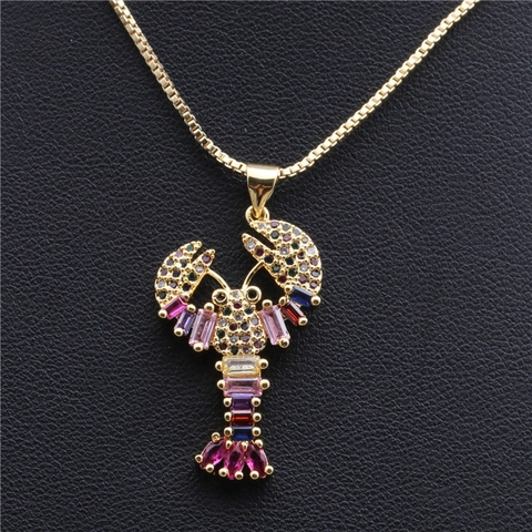 Lobster Pendant Necklace Copper With Colorful Cubic Zirconia Trendy Animal Jewelry For Women