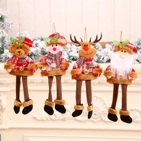 Kerst Hangers Pluche Rood Geruit Lange Benen Poppen Met Gouden Bellen Voor Boomdecoratie Kerstman Sneeuwpop Hert Beer