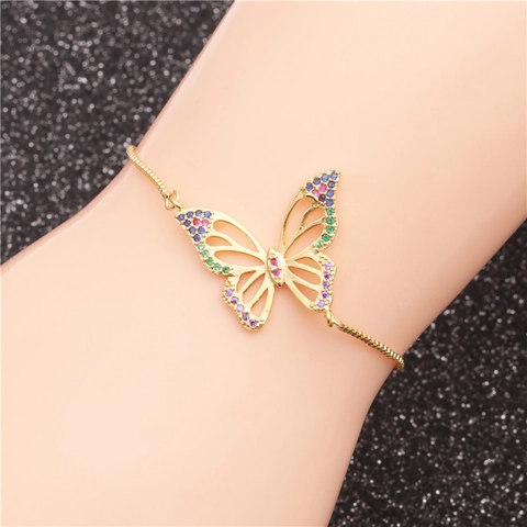 Butterfly Bracelet For Women Copper With Colorful Zircon Inlaid Adjustable Beaded Box Chain Trendy Jewelry Gift