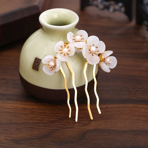 Vintage Chinese Style Hair Fork Alloy Resin Flower Imitation Artificial Pearl Hanfu Headpiece Retro Wedding Hair Accessory For Women