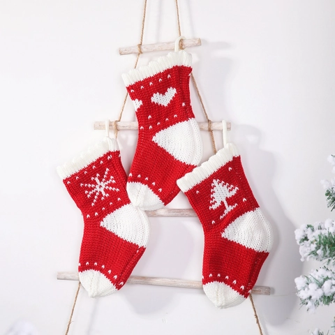 Gestrickte Weihnachtssocken Rot Weiß Schneeflocke Herz Baum Muster Feiertagsdeko Geschenkbeutel Aufhänger Weich Acryl