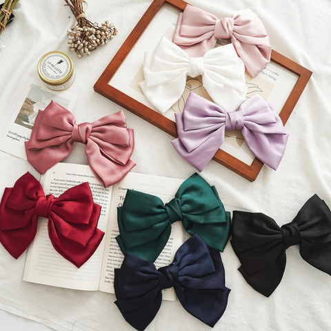 Barrette À Cheveux Grand Nœud En Satin Multi Couches Style Français Soyeux Couleur Unie Accessoire De Coiffure Femmes