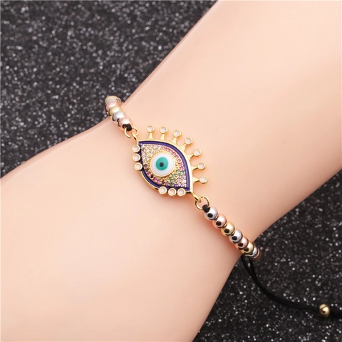 Pulsera De Cuentas De Mal De Ojo Circonita Colorida Cobre Cuentas De Metal Mixtas Cuerda Tejida Ajustable Para Mujer