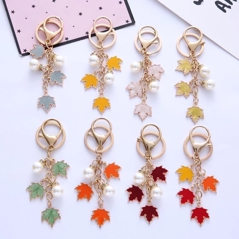 Portachiavi in Lega di Zinco Foglia d'Acero Perla Artificiale Oro Smalto Foglie Ciondolo Strass Accessorio Borsa Regalo Donna