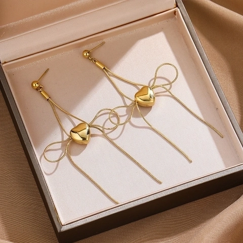 Edelstahl Herz Schleife Lange Quaste Tropfenohrringe Für Frauen Elegante Vergoldete Schlangenkette Schmuck