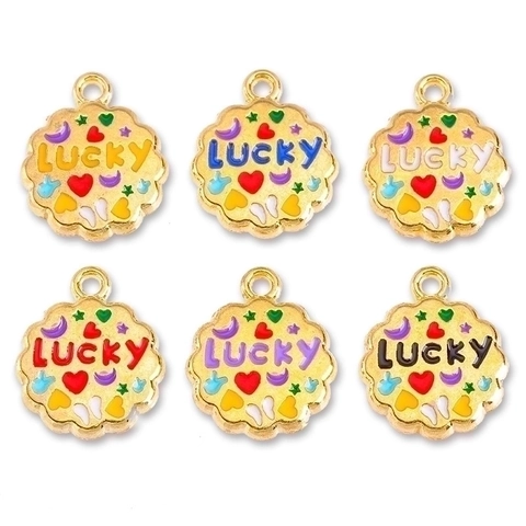Lucky Letter Pendants Alloy Enamel Gold Plated Wavy Round Charms For DIY Jewelry Making Necklace Earring Keychains