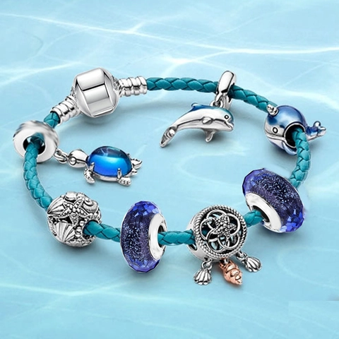 Ocean Series Charm Bracelet Alloy Blue Leather Rope Dolphin Whale Turtle Shell DIY Beads Snake Chain For Women Elegant