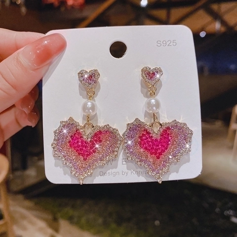 Pendientes Colgantes De Doble Corazón Con Poste De Plata Esterlina 925 Diamantes De Imitación Degradados Perla Artificial
