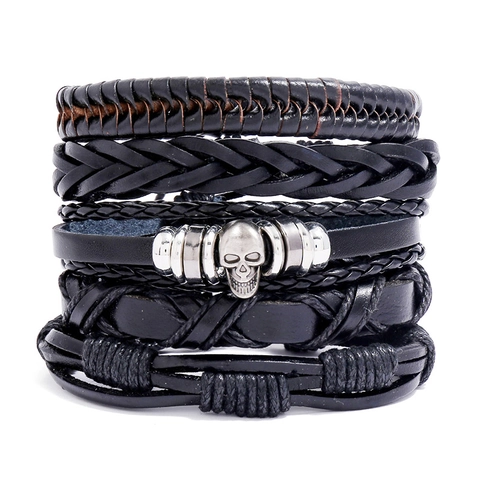 Bracciali Intrecciati Multistrato Da Uomo Pelle Di Vacchetta PU Cordino In Cera Lega Canapa Retro Punk Teschio Regolabile