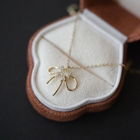 925 Sterlingsilber Schleifenknoten Anhänger Halskette Für Damen K-Gold Galvanisiert Doppel Ribbon Zirkonia Schmuck