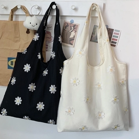 Τσάντα Canvas Tote Με Φλοράλ Κέντημα Διχτυωτή Διπλή Στρώση Μεγάλης Χωρητικότητας Τσάντα Ώμου Γυναικεία Ψώνια Handbag