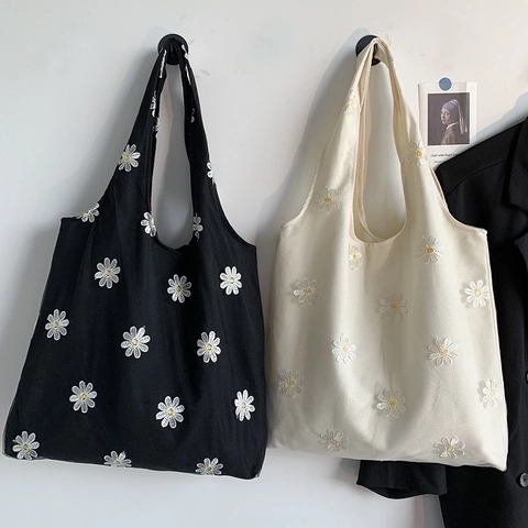 Τσάντα Canvas Tote Με Φλοράλ Κέντημα Διχτυωτή Διπλή Στρώση Μεγάλης Χωρητικότητας Τσάντα Ώμου Γυναικεία Ψώνια Handbag