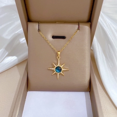 Collana Pendente Stella Pianeta Catena In Acciaio Inossidabile Rame Zircone Pietra Blu Gioielli Eleganti Da Donna