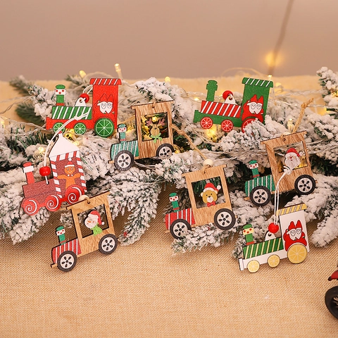 Adornos Colgantes De Tren De Madera De Navidad Pintado Dibujos Animados Papá Noel Muñeco De Nieve Reno