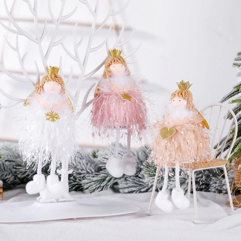 Ciondolo Angelo Di Natale Ornamento Da Appendere Con Corona Dorata Ali Di Peluche In Maglia Per Decorazione Albero Atmosfera Festiva