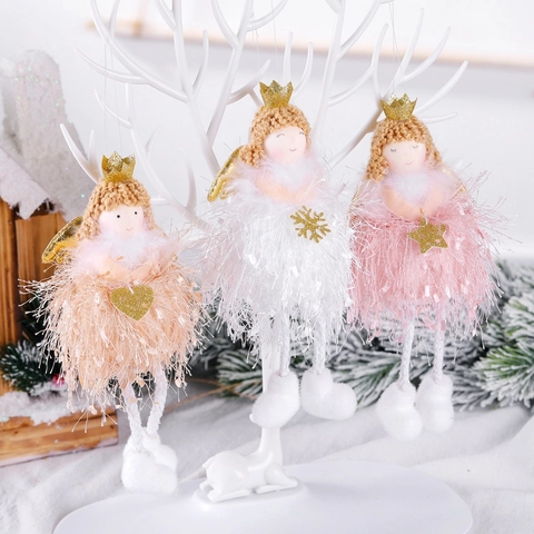 Ciondolo Angelo Di Natale Ornamento Da Appendere Con Corona Dorata Ali Di Peluche In Maglia Per Decorazione Albero Atmosfera Festiva