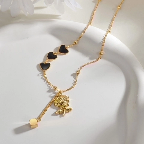 Collana In Acciaio Inossidabile Placcato Oro Con Cuori Neri E Ciondolo A Fiore Di Rosa Gioielli Vintage Per Donna