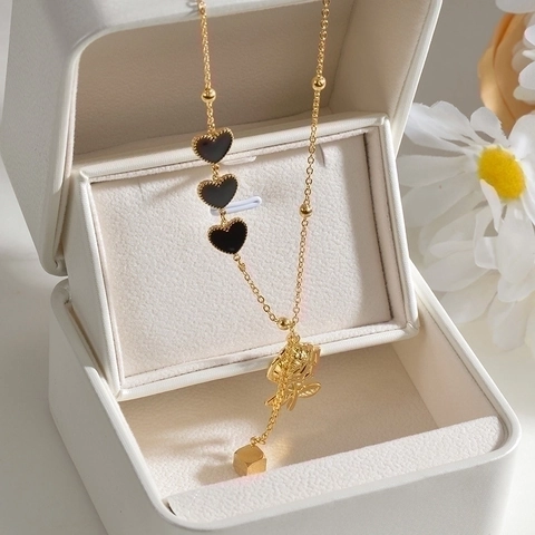 Collana In Acciaio Inossidabile Placcato Oro Con Cuori Neri E Ciondolo A Fiore Di Rosa Gioielli Vintage Per Donna
