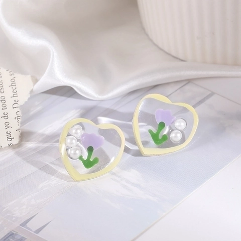 Herz Stecker Ohrringe Mit Tulpenblüte Und Kunstperle Harz Legierung Süßer Koreanischer Stil Damen Silver Earring Post