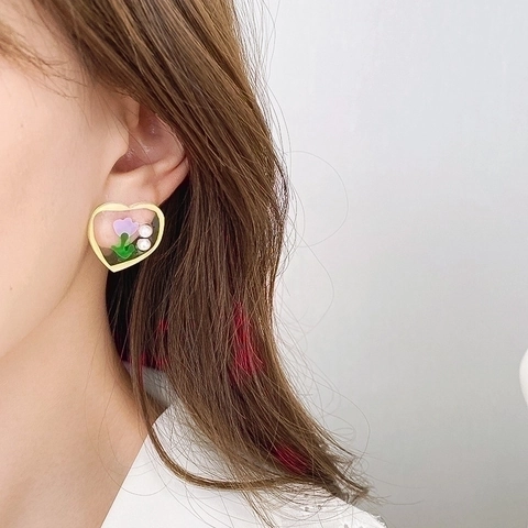 Herz Stecker Ohrringe Mit Tulpenblüte Und Kunstperle Harz Legierung Süßer Koreanischer Stil Damen Silver Earring Post