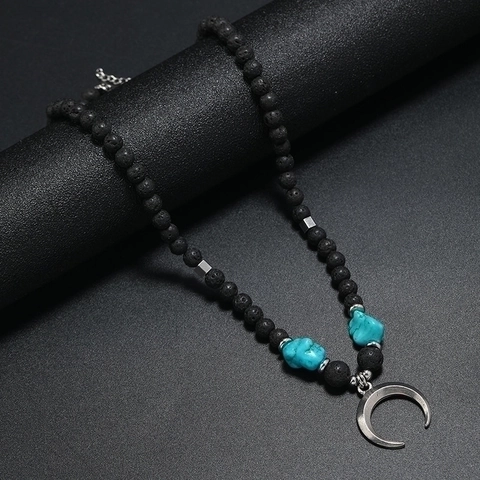 Bohemian Crescent Moon Pendant Necklace Lava Stone Turquoise Coconut Shell Beaded Tribal Vintage Jewelry For Men