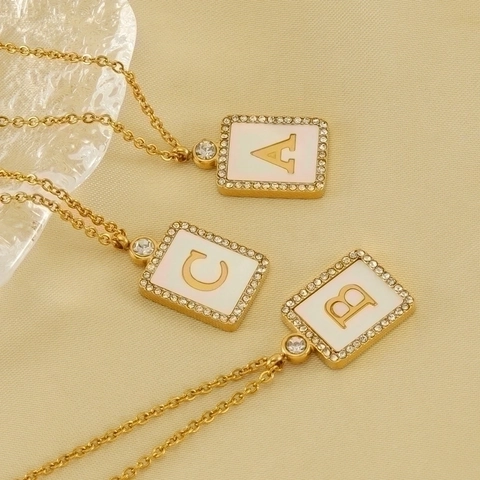 Collar Inicial Acero Inoxidable Chapado En Oro 18K Concha Colgante Cuadrado Letra Alfabeto Circonita Joyería Moda Mujer