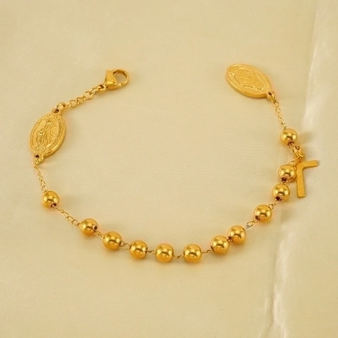 Religious Rosary Bracelet 18K Gold Plated Stainless Steel Cross Pendant Virgin Mary St Benedict Medal Beads Fashion Jewelry