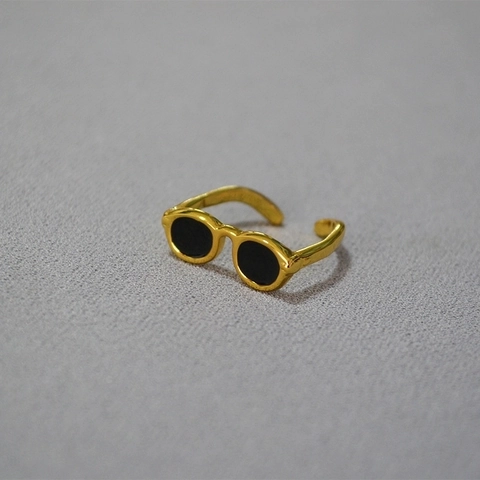 Creative Sunglasses Shape Brass Gold Plated Enamel Adjustable Open Ring For Women Personalized Fashion Index Finger Ring
