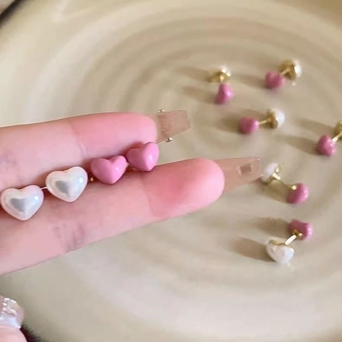 Double Sided Heart Stud Earrings Alloy Imitation Artificial Pearl Enamel Pink White Small Exquisite Jewelry For Women