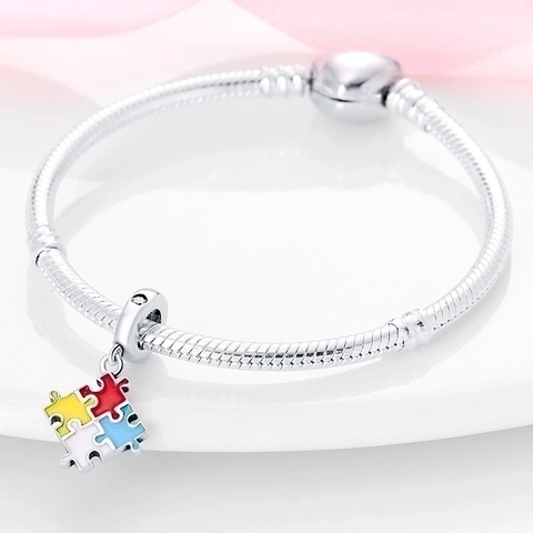 Colorful Enamel Puzzle Shape Dangle Charm Silver Plated Copper Sparkling Zirconia For DIY Bracelet Jewelry Making