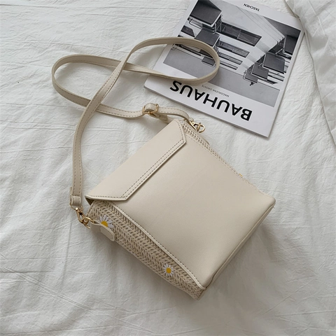 Gänseblümchen Stroh Schultertasche Damen Eimer Umhängetasche Mit PU Leder Klappe Sommer Blumen Strandtasche